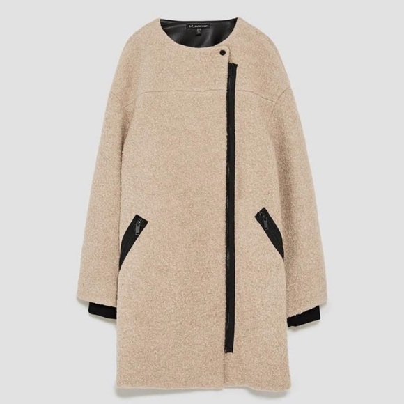ZARA TRF Bouclé Asymmetric Zip Teddy Coat Beige Faux Leather Trim XL - Picture 1 of 13